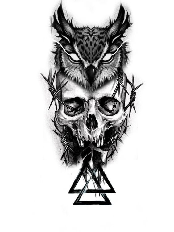 Sentimental Journey in Tattoo Art Skull Owl Tattoo Design, Owl Crown Tattoo, Norse Owl Tattoo, Scary Owl Tattoo, Owl Head Tattoo Design, Evil Owl Tattoo, Dark Owl Tattoo, Owl Tattoo Stencil, Skull Owl Tattoo