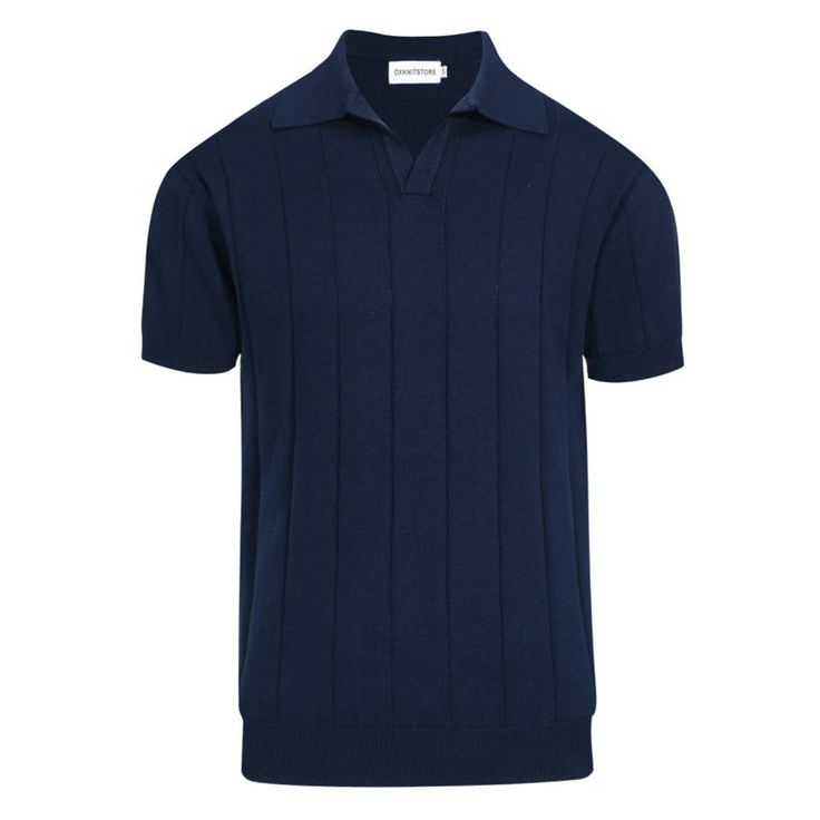 Men's Navy Blue Solid Color V-Neck Knitted Short-Sleeved Top Cotton V-neck Top With Ribbed Collar, Blue Polo Collar Top With Ribbed Detail, Classic Navy Knit Tops, Navy Cotton Textured Knit Top, Navy Ribbed Cotton Top, Navy Textured Knit Cotton Top, Cotton Polo Sweater With Textured Knit And Relaxed Fit, Fitted Cotton Polo Sweater With Ribbed Collar, Blue Collared Polo Sweater