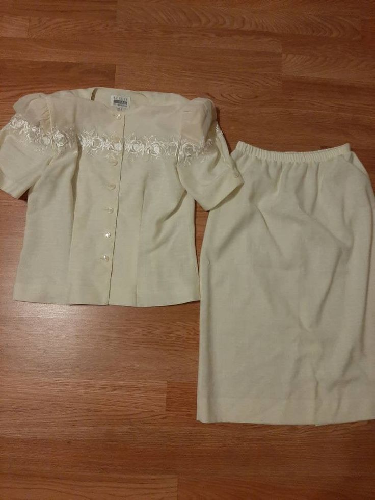 "Vintage Linen Look Rayon/Polyester 2 Piece Ivory/Cream Pencil Skirt/Short Sleeve Blouse/Jacket Leslie Fay Petite Formal Occasion Dress/Suit Size 8 But May Also Fit Size 10. Excellent Vintage Condition. No Rips, Tears Or Stains Dress Form Measurements 35-27-36 Made By Leslie Fay. Marked Size 8 Petite. Rayon/Polyester/Cotton. Union Garment Tag. Machine Washable Elastic Waist Pencil Skirt Below Knee Length 6.5\" Vent In Back Short Puffy Sleeves With Shoulder Pads Ivory Decorative Embroidery Trim B Fitted Pencil Skirt For Wedding, Fitted White Skirt For Formal Occasions, Elegant Cream Skirt For Daywear, Vintage Beige Sets For Spring, Elegant Beige Sets For Summer, Elegant Beige Summer Sets, Spring Wedding Cream Skirt, Spring Wedding Beige Skirt, Elegant Fitted Short Sleeve Set