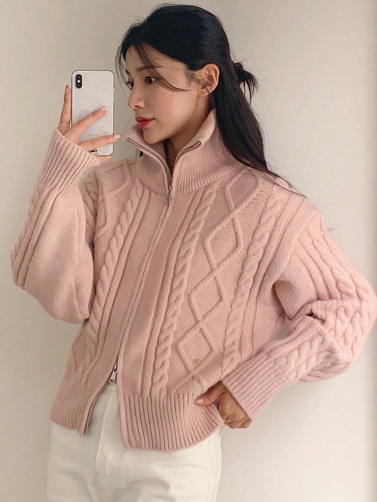 Women's Turtleneck Long Sleeve Casual Chic Cable Knit Zip-Up Cardigan Pink Casual  Three Quarter Length Sleeve Knitwear Plain  Non-Stretch  Women Clothing, size features are:Bust: ,Length: ,Sleeve Length: Winter Clothes Korean Style, Long Pink Cardigan, Style Désinvolte Chic, Drop Shoulder Cardigan, Style Casual Chic, Clothes Korean Style, Sweater Maxi Dress, Cardigan Pink, Turtleneck Long Sleeve