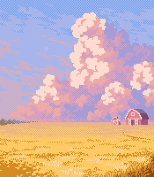 a pixellated image of a farm house in the middle of a wheat field under a cloudy sky