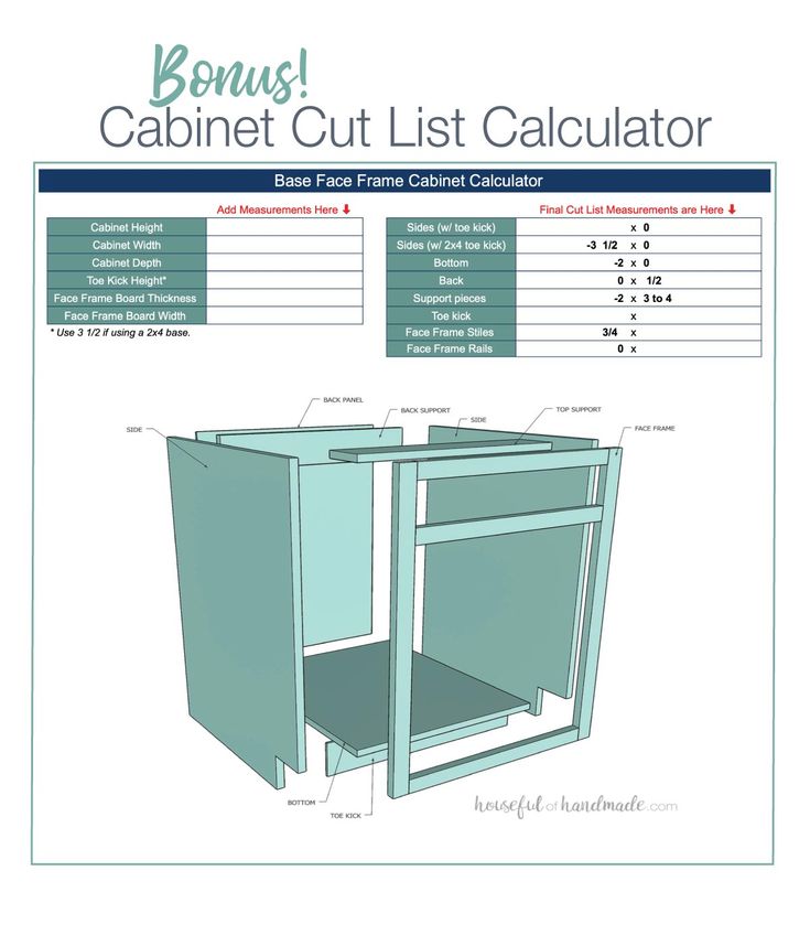 the cabinet cut list is shown with measurements and instructions for each item in this image