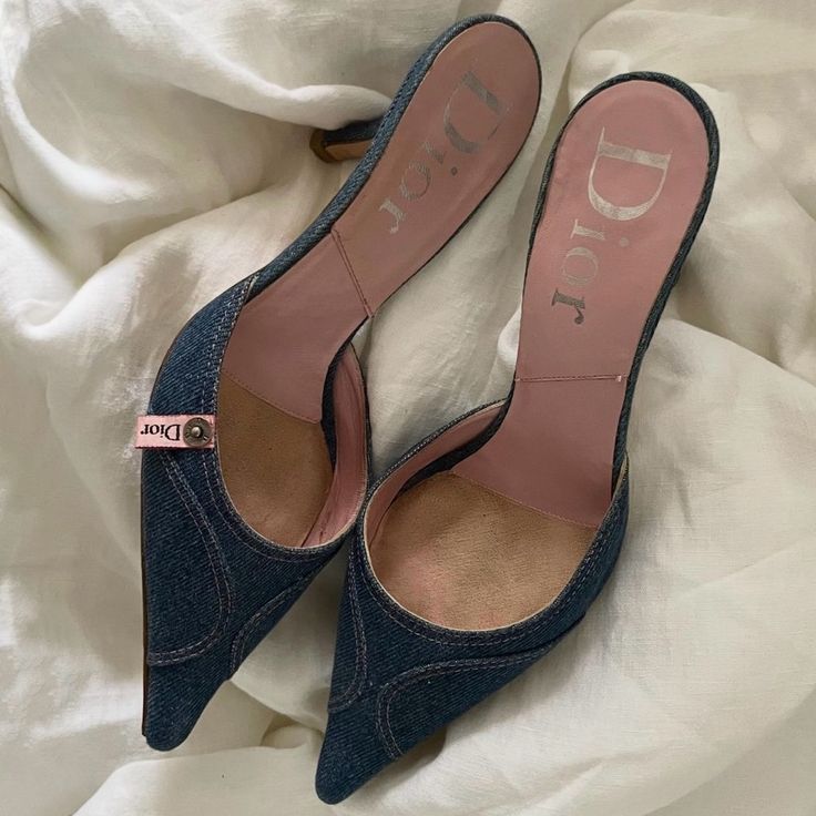 Rare Vintage Dior Denim Jean Denim Blue & Pink Mule Heels Size - It 38 Dior Denim, Dior Heels, Pretty Heels, Mule Heels, Instagram Luxury, Shoes Heels Classy, Dior Vintage, Vintage Heels, Girly Shoes