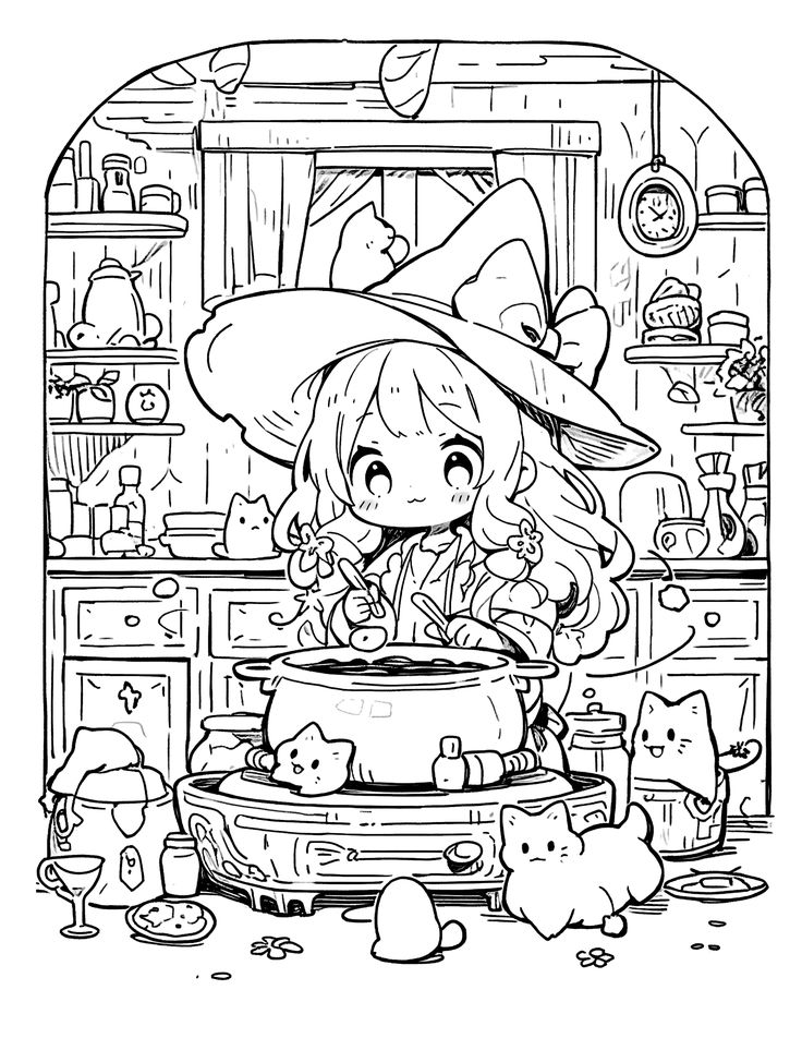 a cartoon girl cooking in the kitchen with her cat and kittens around it,