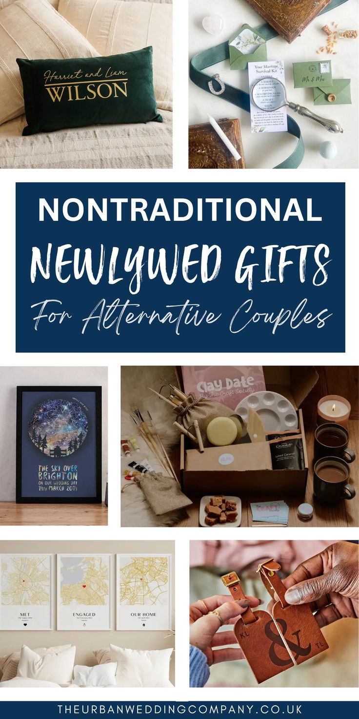 a collage of photos with the words,'nontraditional newlywed gifts for alternative couples '