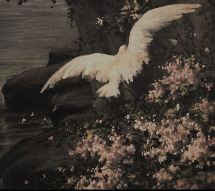 a painting of a white bird flying over flowers