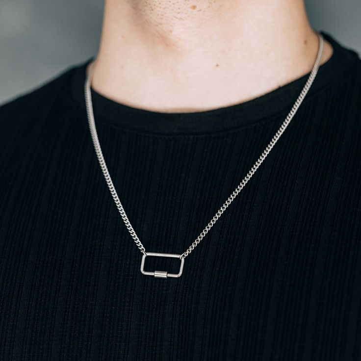 Silver Rectangle Carabiner Pendant Necklace For Men or Women - Necklace - Boutique Wear RENN Modern Stainless Steel Jewelry With Rectangular Pendant, Stainless Steel Jewelry With Adjustable Chain And Rectangular Pendant, Everyday Metal Necklace With Square Pendant, Modern Nickel-free Chain Necklace For Gift, Silver Stainless Steel Necklace With Box Chain, Stainless Steel Silver Necklace With Box Chain, Stainless Steel Jewelry With Rectangular Pendant And Adjustable Chain, Stainless Steel Necklace With Rectangular Links For Gifts, Stainless Steel Jewelry With Adjustable Rectangular Pendant