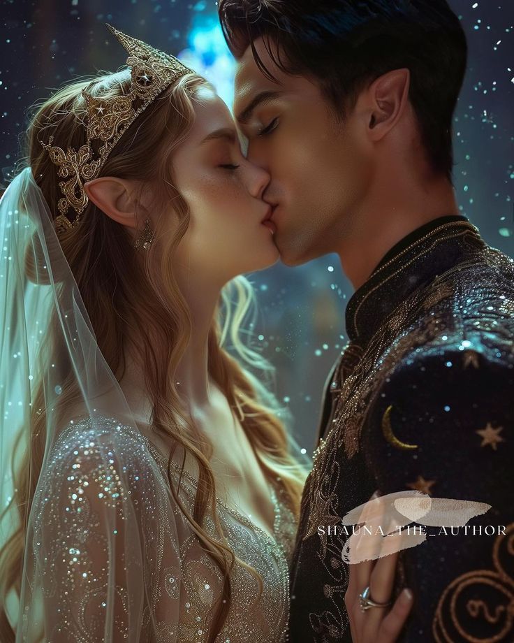 a man and woman kissing in front of the sky with stars all around them on their foreheads