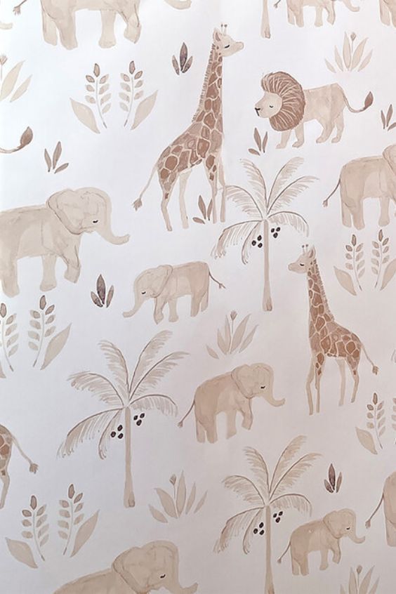 an elephant and giraffe wallpaper with palm trees on the left hand side