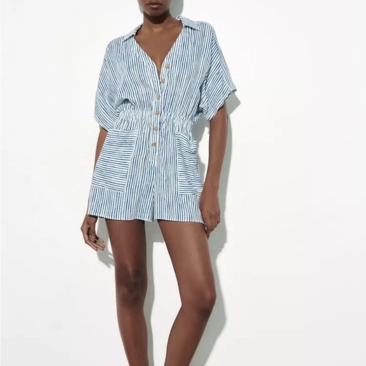 Nwot Zara Linen Blend Shirt Style Short Jumpsuit Romper Size S Blue White Stripes Chic Collared Jumpsuits And Rompers For Summer, Summer Vacation Button-up Jumpsuits And Rompers, Striped Short Sleeve Jumpsuits And Rompers For Beach, Blue Casual Button-up Jumpsuits And Rompers, Casual Blue Button-up Jumpsuit, Blue Collared Jumpsuits And Rompers For Spring, Collared Blue Jumpsuits And Rompers For Spring, Summer Button-up Jumpsuit For Day Out, Short Sleeve Jumpsuits And Rompers With Pockets For Beach