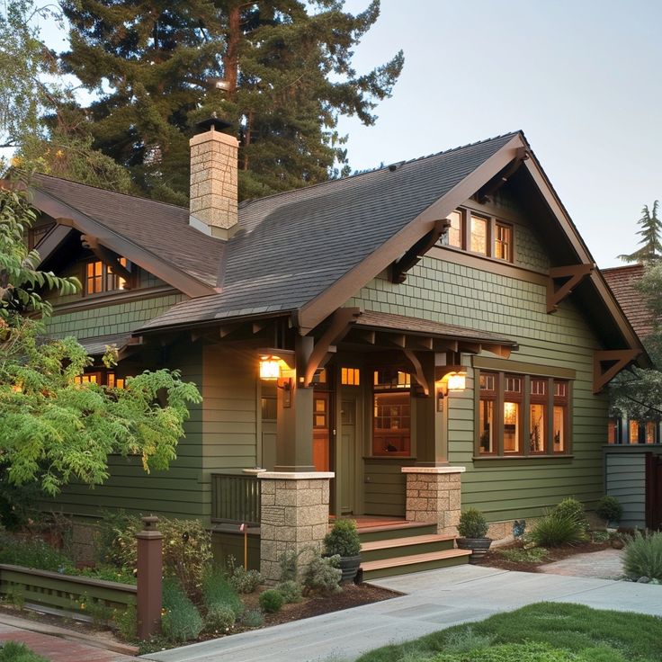 a green house with brown shingles on the front and side of it's roof