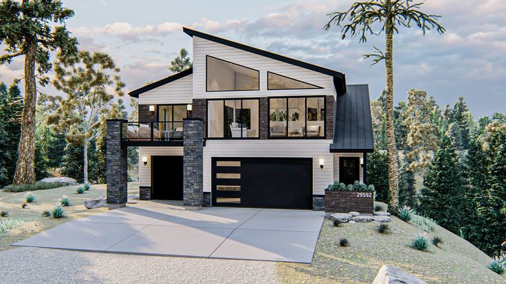 this is a computer rendering of a modern style house in the woods with lots of trees