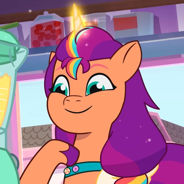 an animated pony with purple hair standing next to a building and looking at the camera