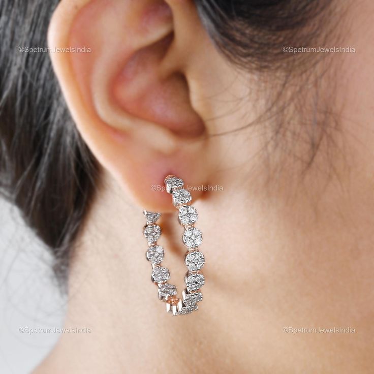 "Complete your look for a glamorous evening in this gorgeous Rose Gold Earrings studded with Diamond. This will go well with all of your dresses and are attention seeking. ✧✧Welcome To Our Shop Spectrum Jewels India✧✧ \"\"Astonishing 18k Rose Gold Natural Brilliant Cut Diamond Earrings, Beautiful Bridal Hoop Earrings, Anniversary Jewelry Gift For Wife\"\" ★PRODUCT SPECIFICATION★ * ITEM CODE - SJEE-10044 * METAL - 18k Rose Gold * 18k Rose Gold Weight : 13.71 gm  * GROSS WEIGHT - 14.21 gm Approx * MAKING - Handmade ★MAIN STONE DETAILS★ * STONE NAME:- Diamond * STONE SHAPE:- Round * DIAMOND WEIGHT:- 2.5 Carat * AVERAGE DIAMOND CLARITY :- SI1-S2  * DIAMOND COLOR :- H-I * SETTING USED:- Pavé * STONE COLOR:- White * STONE TREATMENT:- Natural ≫ FAQ below for more detail. ✦ SIZING We can adjust mo Elegant Formal Hoop Bridal Earrings, Dazzling White Hoop Earrings For Wedding, Sparkling Rose Gold Earrings For Anniversary, Dazzling Hoop Earrings With Diamond Accents For Wedding, Evening White Gold Round Hoop Earrings, Wedding Hoop Earrings With Brilliant Cut Cubic Zirconia, Fine Jewelry Rose Gold Hoop Earrings For Anniversary, Dazzling Hoop Earrings For Wedding, Round Diamond Cut Bridal Earrings For Party