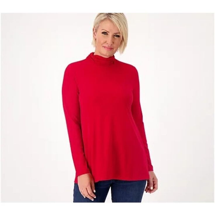 Susan Graver Modern Essentials Reg Liquid Knit A-Line Tunic Dark Red,3x From Susan Graver. Fabrication: Liquid Knit®: Soft, Flattering Knit With A Smooth Feel And Fluid Drape Features: Long Sleeves, A-Line Design, Ruched Mock Neckline, Straight Hemline Fit: Semi-Fitted; Follows The Lines Of The Body With Added Wearing Ease Length: Missy Length 27-1/2" To 29-5/8"; Plus Length 30" To 33-1/2" Content: 95% Polyester/5% Spandex Care: Machine Wash, Tumble Dry Imported Box 15 Scoop Neck Blouses, Susan Graver, Knit Tunic, Long Sleeve Tunic, Womens Tunics, Waffle Knit, Print Tops, Mock Neck, Knit Top