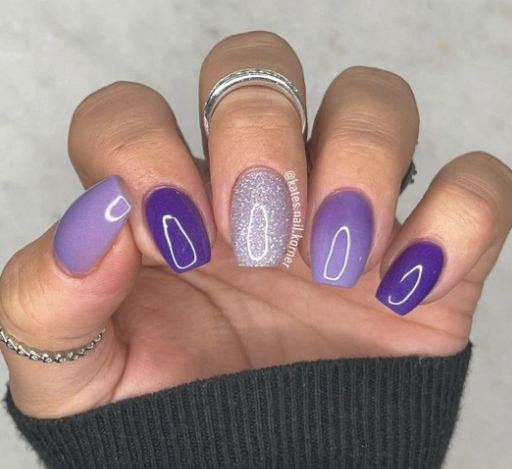 Lavender Mani Pedi, Purple Nail With Design, Purple Skittle Nails, Late February Nails Ideas, Purple Nail Dipping Powder, 3 Color Manicure Ideas, Purple Nail Polish Designs, Biab Nails Purple, Multi Purple Nails