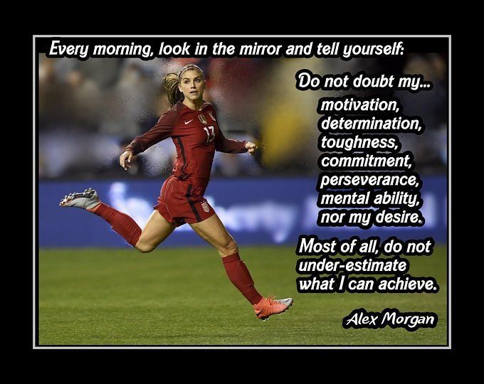 a woman kicking a soccer ball on top of a green field with a quote from alex morgan