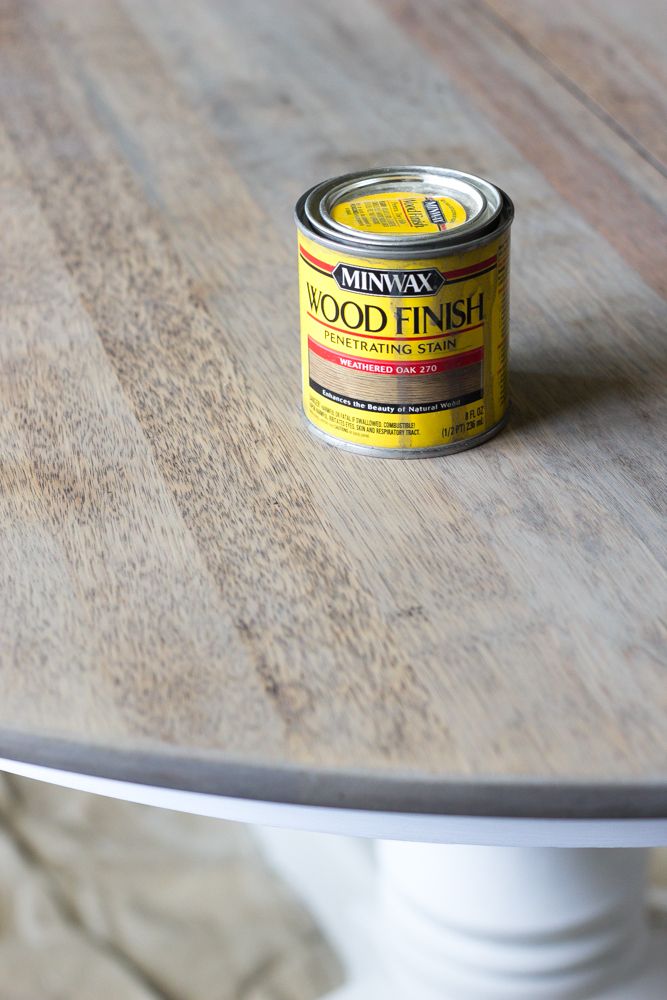 a can of wood finish sitting on top of a wooden table with a white base