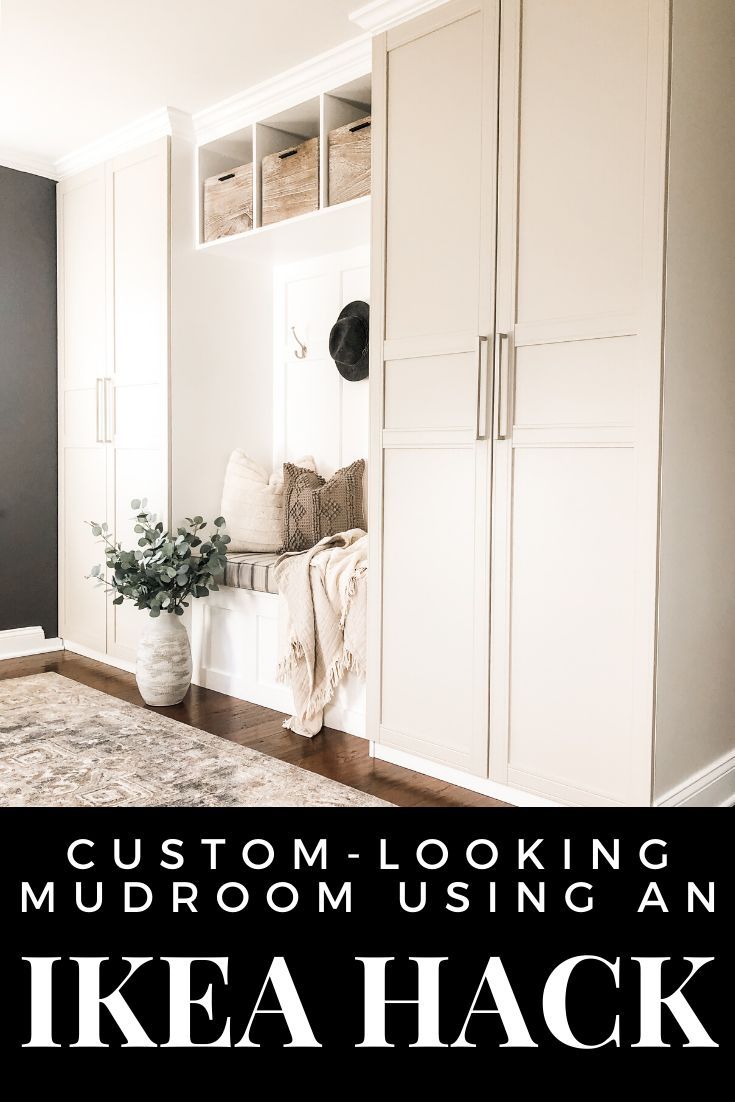 a room with white cabinets and a rug on the floor in front of it that says custom - looking mudroom using an ikea hack