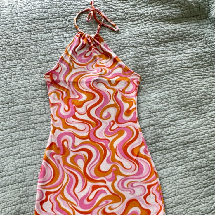 H&M, Size Small, Halter Dress, Good Quality And Condition, Perfect For Summer Concerts/Festivals Pink Fitted Halter Neck Mini Dress, Printed Pink Mini Dresses, Printed Pink Mini Length Dresses, Orange Retro Print Summer Dress, Retro Halter Neck Summer Dress, Pink Casual Dress With Retro Print, Casual Pink Dress With Retro Print, Pink Halter Neck Mini Dress For Summer, Pink Printed Sundress Mini Dress