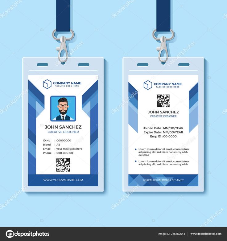 two id cards with lanyards on blue background