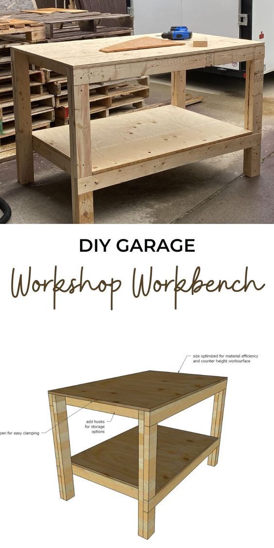 an image of a wooden workbench with the words diy garage workshop on it