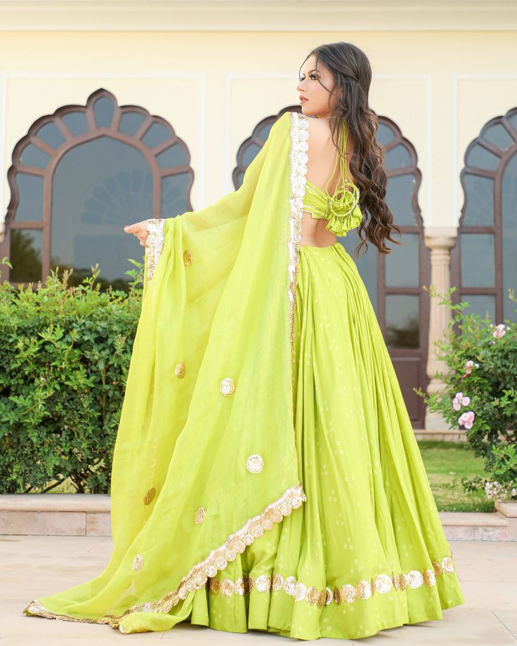 Lime Green Lehenga Set - www.riafashions.com Kalki Lehenga, Lime Green Lehenga, Long Lehenga, Sitara Work, Bandhani Lehenga, Couple Wedding Dress, Indian Outfits Lehenga, Lehenga Suit, Green Lehenga