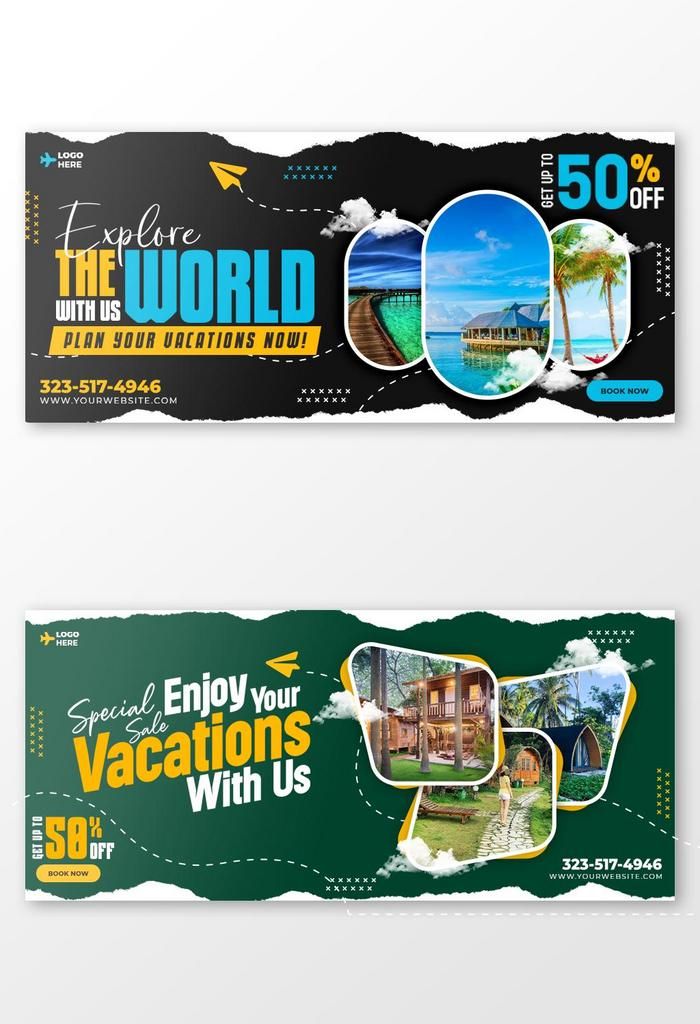 two travel banners with the words enjoy your vacation with us and an image of palm trees