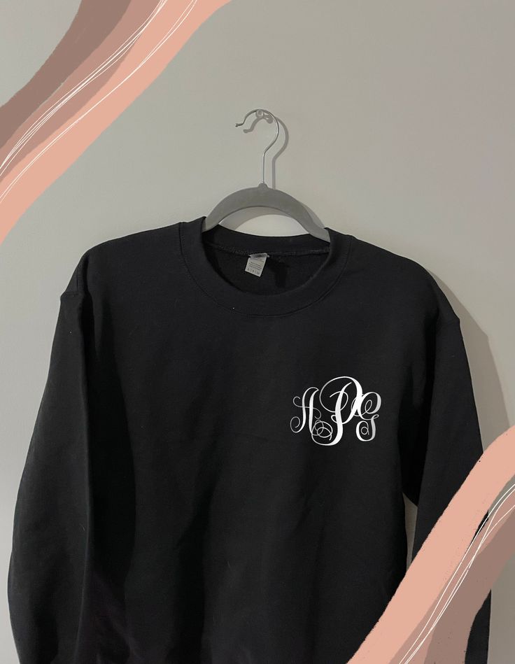 Custom monogram black sweatshirt  Sizes S & L ORDERING  1. Place order and select size  2. Send me through Etsy messages with you monogram initials  ** please send me your initials in first, last, middle!  ** if you would like a different style of monogram letters contact me through Etsy messages Initial Sweatshirt, Monogram Sweatshirt, Phi Mu, Black Sweatshirt, 1 Place, Custom Monogram, Monogram Letters, Monogram Initials, Pink Print