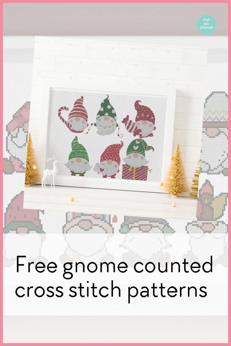 a cross stitch pattern for gnomes and christmas trees