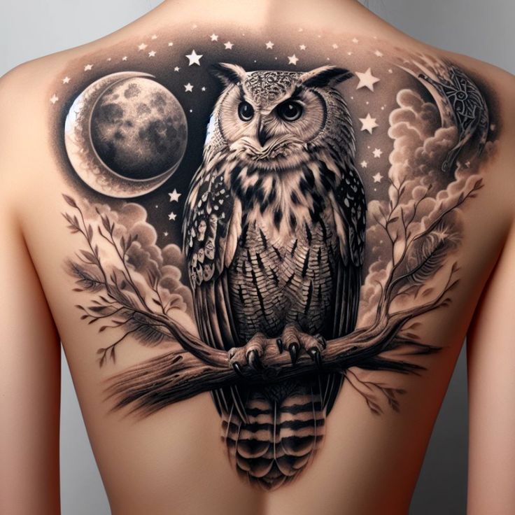 an owl tattoo on the back of a woman