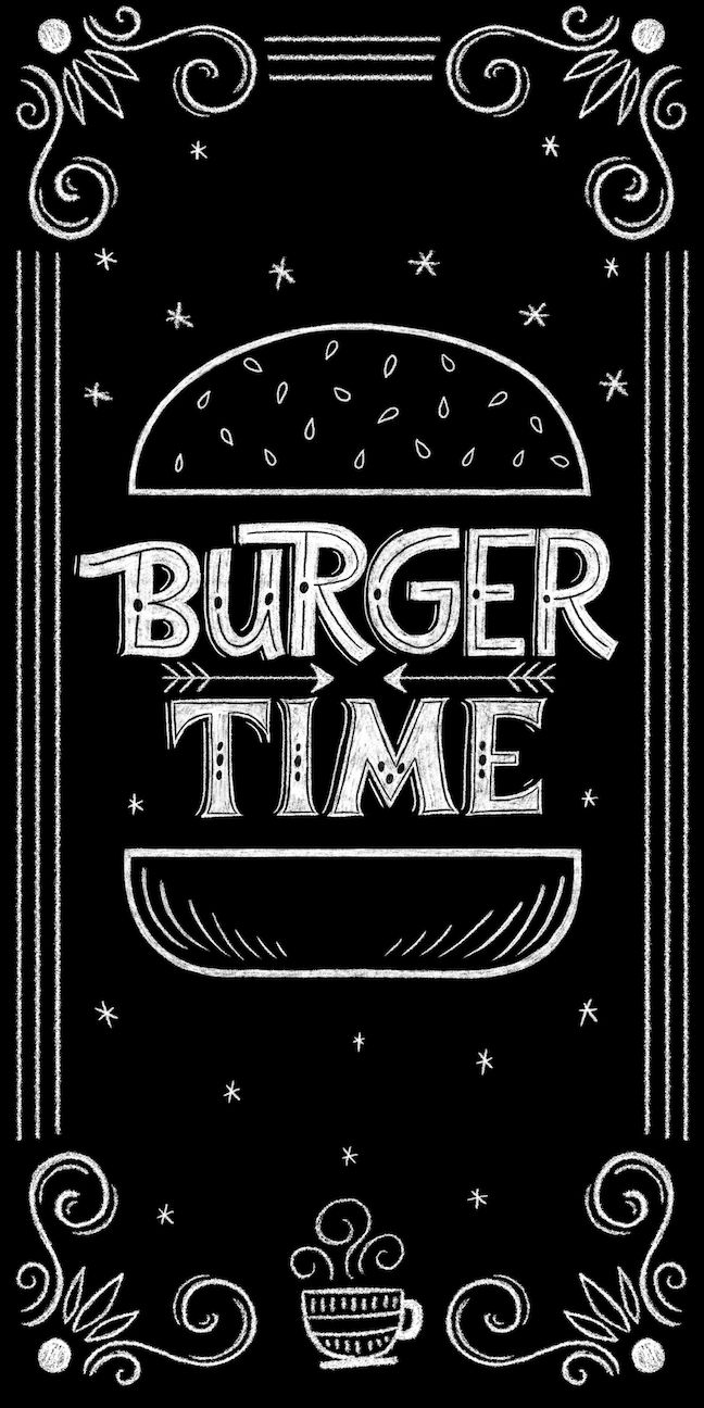 the burger time sign is drawn in chalk on a blackboard with swirls and stars