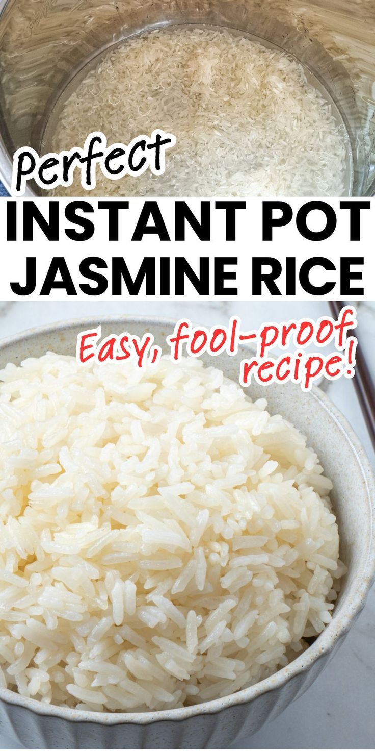 rice in a bowl with the words perfect instant potty jasmine rice easy fool - proof recipe