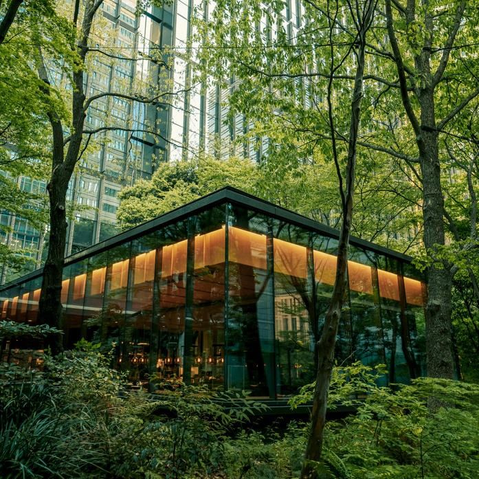 a glass building surrounded by trees and tall buildings in the background with lots of greenery