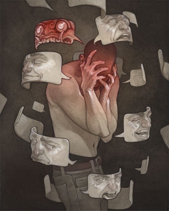 a drawing of a man holding his head in front of many faces and speech bubbles