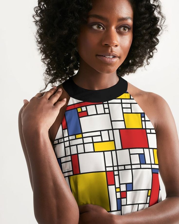 Mod Dress, Vintage Dress Style, Retro Dress, Mondrian Dress, Halter Dress,Geometric Dress, Mosaic Dress,Mosaic Dress, vintage inspired Dress Custom Handmade to order, Designed in California, Hand Sewn Overseas. Fabric: Ethically sourced fabric This design was inspired by the painting of the famous 19th century Dutch painter, Piet Mondrian. His abstract style painting inspired the Mondrian Style dresses in the 60s hence this design I created in honor of him. :) It's got a halter style neckline wi White Fitted Dress With Colorful Pattern, Fitted White Dress With Colorful Pattern, White Sleeveless Dress With Colorful Pattern, Mondrian Dress, Mosaic Dress, Geometric Dress, Modern Boutique, Piet Mondrian, Mini Robes