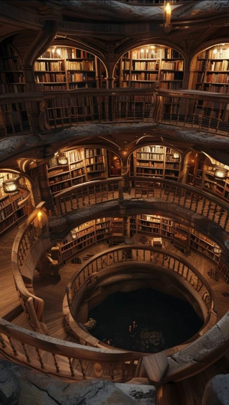 a spiral staircase in a library filled with lots of books