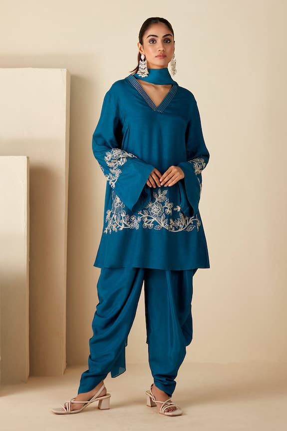 Blue crepe silk short anarkali with floral hand embroidery. Comes with dhoti pant and a chiffon dupatta. - Aza Fashions Blue Salwar Kameez With Chikankari Embroidery In Dola Silk, Blue Dola Silk Salwar Kameez With Chikankari Embroidery, Silk Salwar Kameez With Traditional Drape For Eid, Blue Slub Silk Churidar For Eid, Blue Dola Silk Salwar Kameez For Eid, Blue Raw Silk Palazzo Set For Eid, Blue Dola Silk Churidar For Eid, Blue Art Silk Palazzo Set For Eid, Blue Raw Silk Churidar For Navratri