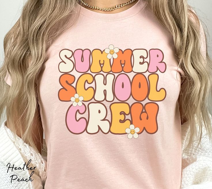 "Summer school teachers, show your enthusiasm for summer school with this cute retro aesthetic \"Summer School Crew\" shirt. Our crewneck t-shirt features daisies and retro lettering in pink, orange, cream, and yellow colors. These make great matching teacher shirts and are sure to be a hit with your fellow teachers and students. See more of our Teacher Shirts at: https://www.etsy.com/shop/DesiLuAndCo?ref=seller-platform-mcnav§ion_id=40932518 Visit our shop for more great items at: https://www.etsy.com/shop/DesiLuAndCo?ref=seller-platform-mcnav Welcome to our shop! Your satisfaction is our main goal and we are glad to answer any questions you might have about our products. Please contact us if you have any questions or customization queries. If you like the design but prefer a different sh Pink Summer T-shirt For School, Summer School Spirit Tops, Vintage Summer T-shirt With Funny Text, Spring School T-shirt With Slogan, Spring Slogan T-shirt For School, Pink College T-shirt For Summer, Pink T-shirt For College In Summer, Pink T-shirt For College Summer, Slogan T-shirt For School In Spring