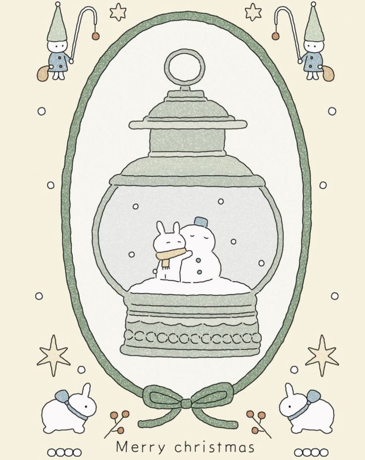 a christmas card with an image of a snowman in a glass jar and rabbits