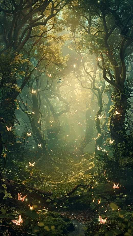 a forest filled with lots of butterflies flying through the air above it's ground