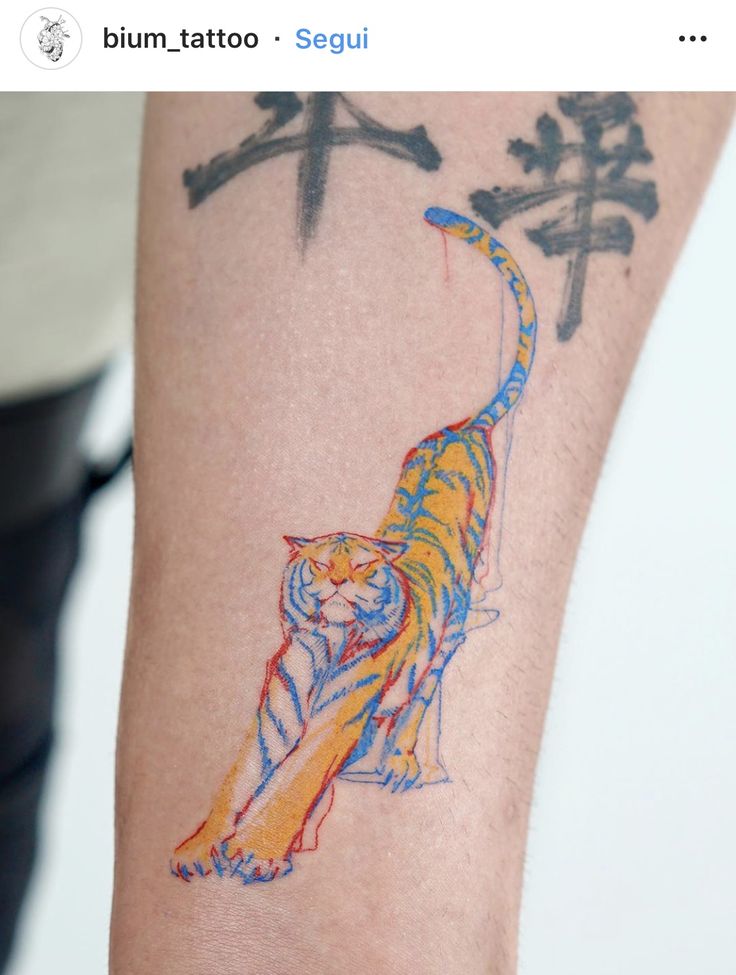 a colorful tiger tattoo on the arm of a person with chinese characters in the background