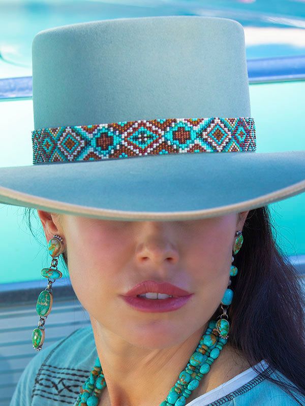 Santa Fe Beaded Hatband – Brit West Western Beaded Hat Bands For Beach, Adjustable Multicolor Beaded Hat Bands, Western Beaded Hat Bands For Western-themed Events, Southwestern Blue Beaded Hat Band, Traditional Multicolor Beaded Hat Band, Custom Cowboy Hats, Beaded Hat Bands, Chocolate Leather, Beaded Hat