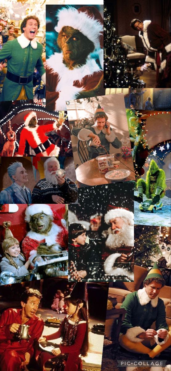 collage of christmas pictures with santa claus and elves in the middle one has an elf on his head