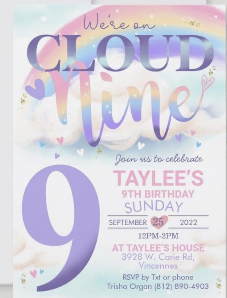 an image of a birthday party with clouds and rainbows on the front, in pastel colors