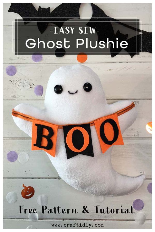 a stuffed ghost hanging from the side of a wall with text overlay that says easy sew ghost plushie boo