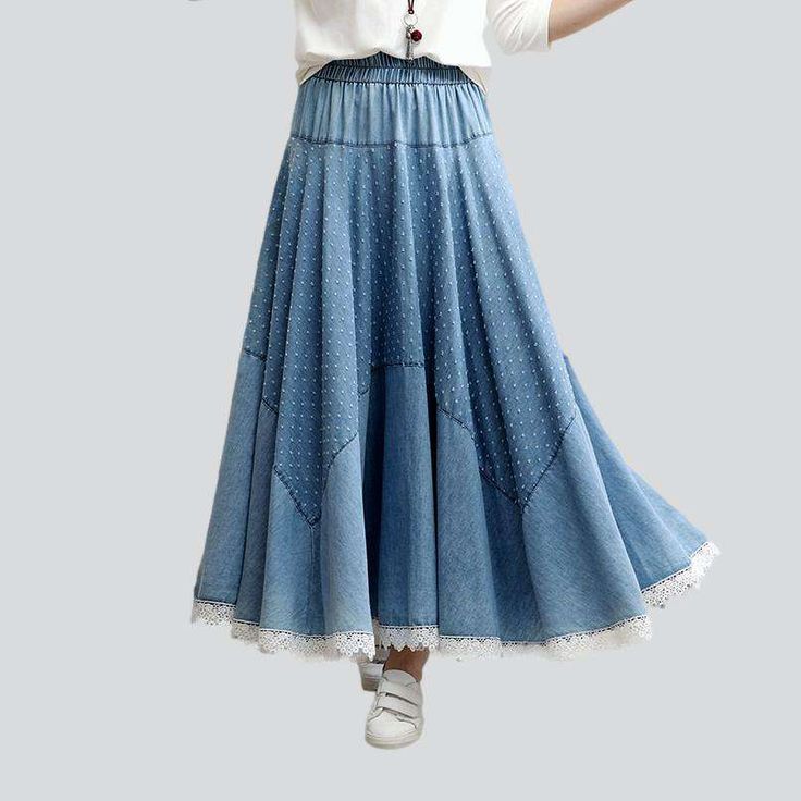 Introducing the 2023 Spring-Summer Collection's lace hem embroidered denim skirt ââ‚?the perfect embodiment of street vibe and fierce femininity!Why You'll Love ItThis skirt is sure to take your look to the next level! Its fit type and flare silhouette and high-waisted waist band offer a flattering fit and the lace hem adds a unique touch of sophistication that will make you stand out from the crowd. The intricate embroidery is a great way to show off your trend while the rubber closure ensures Denim Skirt Jeans For Spring, Non-stretch Denim Skirt With Frayed Hem, Non-stretch High Waist Denim Skirt For Spring, Summer Stretch Denim Skirt, Stretch Summer Skirt With Frayed Hem, Stretch Skirt With Frayed Hem For Summer, Summer Stretch Skirt With Frayed Hem, Spring Lace Patchwork Skirt, Casual Long Lace Skirt