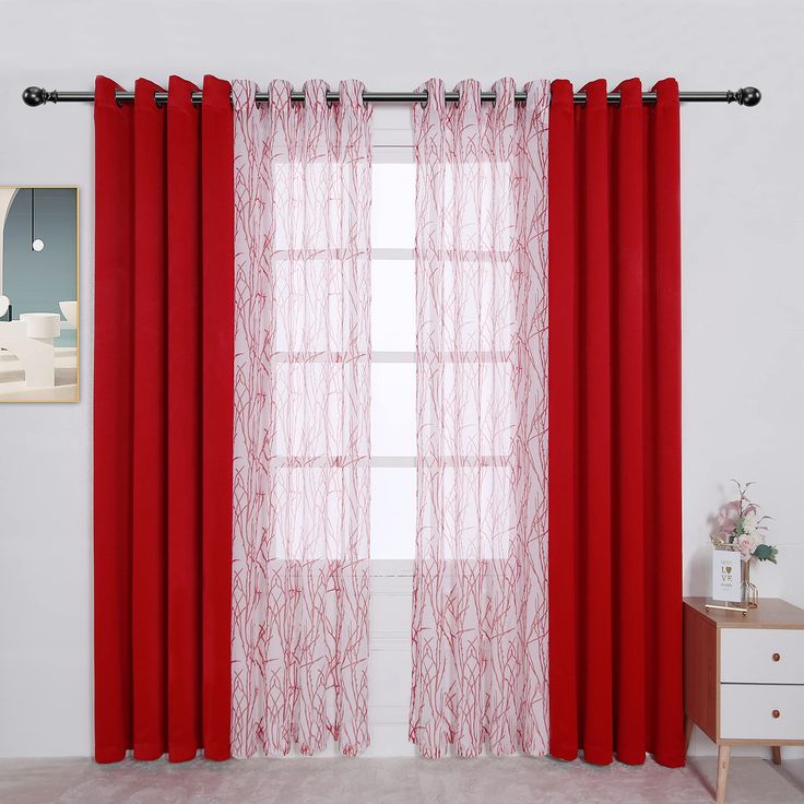 PRICES MAY VARY. Polyester WHAT'S IN THE PACKAGE?: Each set includes 2 pieces branch print sheer curtain and 2 pieces blackout curtains. Each curtain panel measures 54 wide by 84 inch long and finished with 8 grommets with 1.6 inch diameter that fits well with standard curtain rods, making them easy to install and move along the pole. PREMIUM BLACKOUT AND SHEER FABRIC: BONZER mix and match blackout curtains are crafted from 100% polyester fabric in a certified STANDARD 100 by OEKO TEX factory. T Red Curtains Bedroom, Mix And Match Curtains, Grey And White Curtains, Gold Living Room Decor, White Apartment, Gold Living Room, Curtains For Bedroom, Insulated Curtains, Red Decor