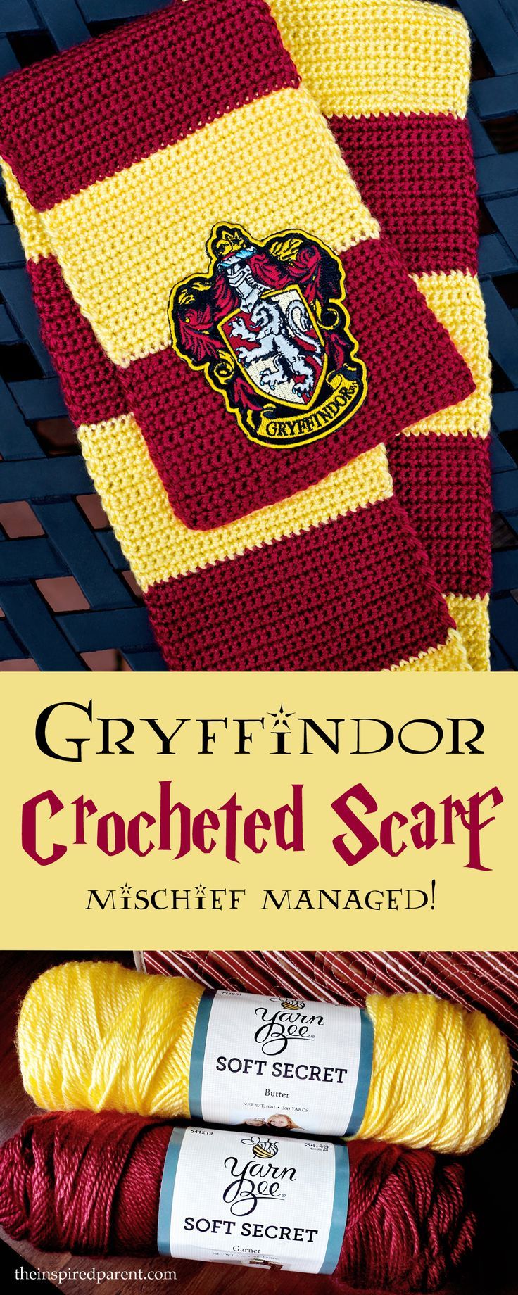 crocheted scarp with harry potter logo on it and text overlay that reads, greyfindor crocheted scarf