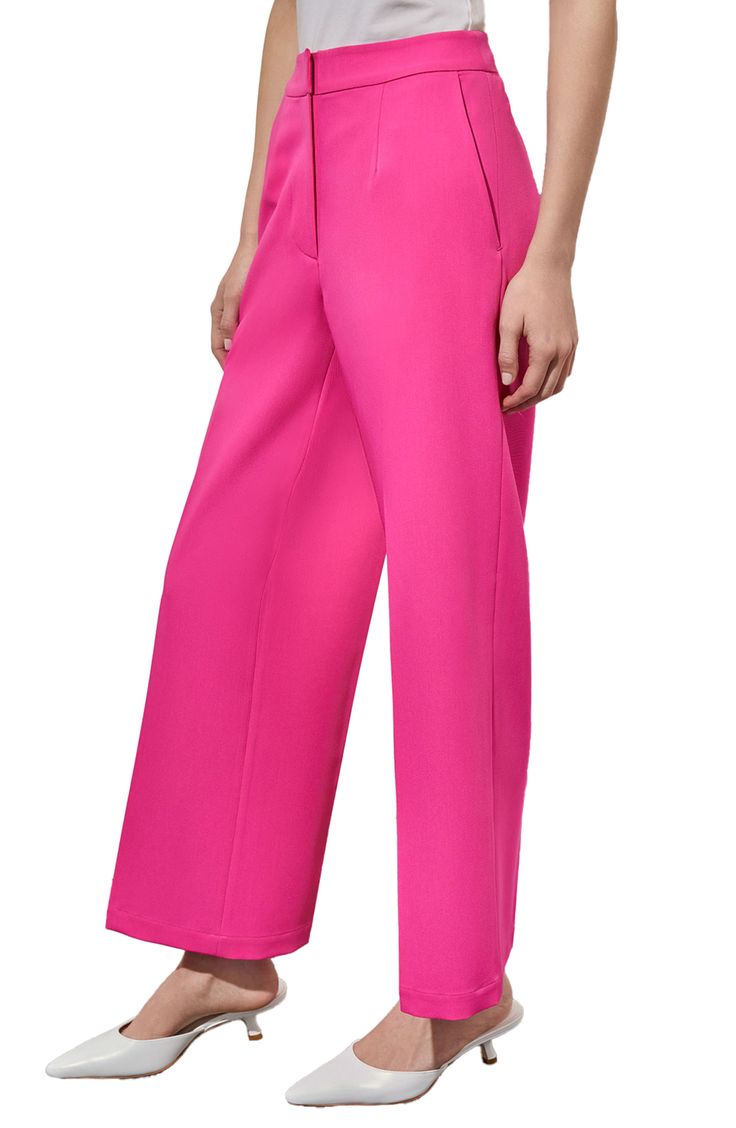 Staple pants in a classic wide-leg silhouette are crafted from a seasonless blend that stays neat and polished from desk to dinner. 29" inseam (size XS) Zip fly with hook-and-bar closure; back elastic waist Front slant pockets 78% polyester, 18% rayon, 4% spandex Hand wash, dry flat Imported Pink High-waisted Evening Pants, Evening High-waisted Pink Pants, Pink Straight Leg Office Pants, Elegant High-waisted Pink Wide Leg Pants, Elegant Pink High-waisted Wide Leg Pants, Pink Straight Pants With Welt Pockets, Formal Pink Wide-leg Pants, Pink Fitted Wide Leg Pants For Evening, Elegant Pink Straight Leg Dress Pants